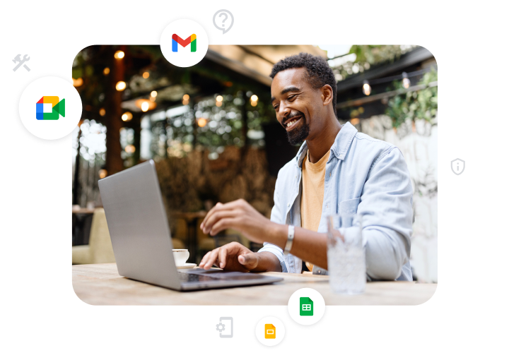 Illustration graphique d'un client Google Workspace sur son ordinateur portable, lequel affiche les icônes Google Meet, Gmail, Slides et Sheets