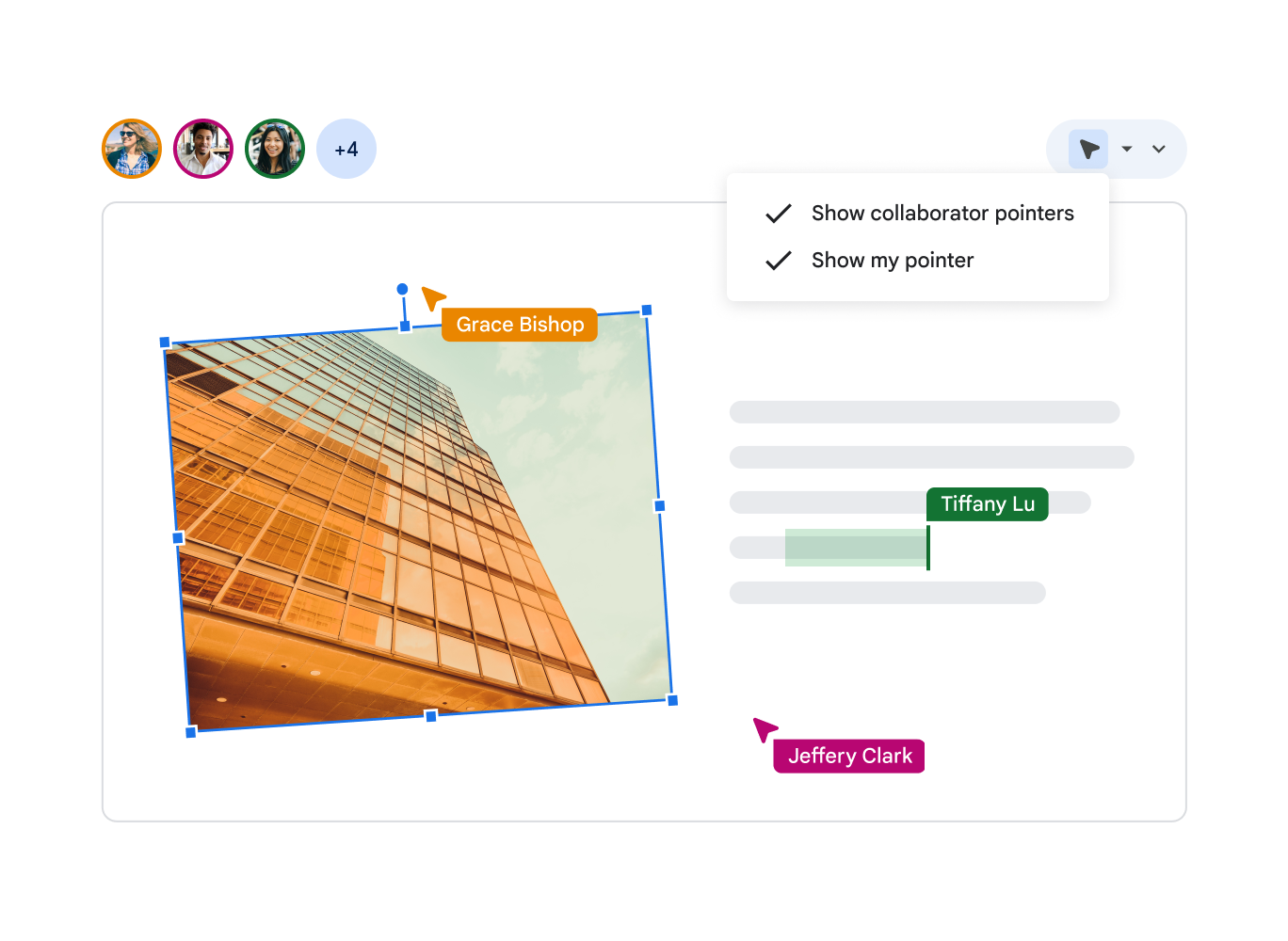 Um usuário pode selecionar a opção para mostrar seus próprios ponteiros e dos colaboradores em um slide para que todos saibam exatamente quem está fazendo o quê.