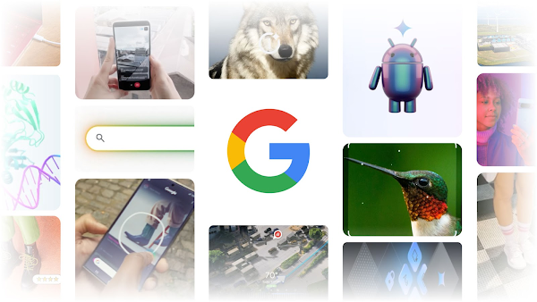 Kisi-kisi gambar dengan logo Google di tengah. Gambar-gambar termasuk burung kolibri, serigala dengan lingkaran dan berlian AI di atasnya, seseorang menggunakan Circle to Search di ponsel, seseorang mendemonstrasikan Project Astra di ponsel, bugdroid Android, kotak Google Penelusuran, dan lainnya.