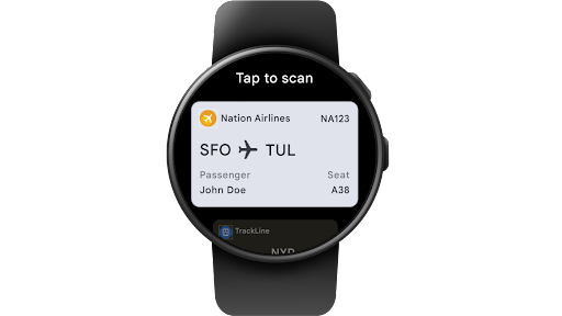 Wear OS スマートウォッチで Google ウォレットをタップして、ナショナル航空の搭乗券の QR コードにアクセスしている。