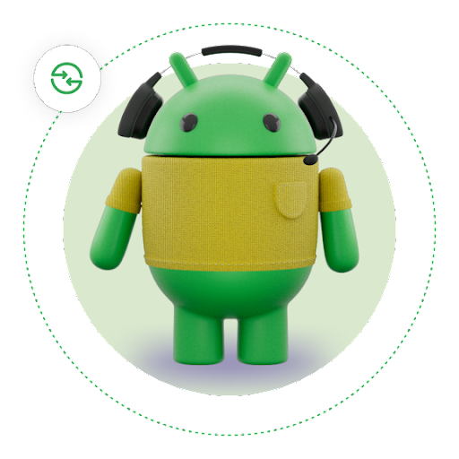 ヘッドフォンを装着してブラウンのシャツを着たグリーンの Android ロボット。その周りの点線上を Quick Share アイコンが回っている。