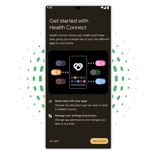 En Android-innstillingsskjerm med «Kom i gang med Health Connect» er åpen og viser informasjon om hvordan helsedata kan deles, og hvordan man kan administrere innstillinger og personvern.