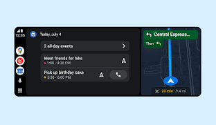 The new Android Auto design with the calendar and maps showing on the screen.
