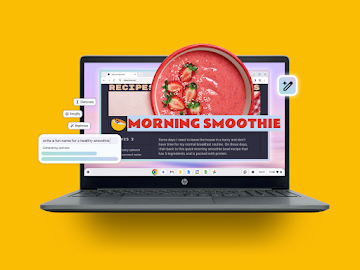 Fenêtre de navigateur avec une page d'un blog de recettes sur un Chromebook ; la fonctionnalité M'aider à écrire est utilisée pour chercher un nom de smoothie amusant