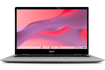 Chromebook Acer Spin 513 ouvert, avec la partie basse vue de face