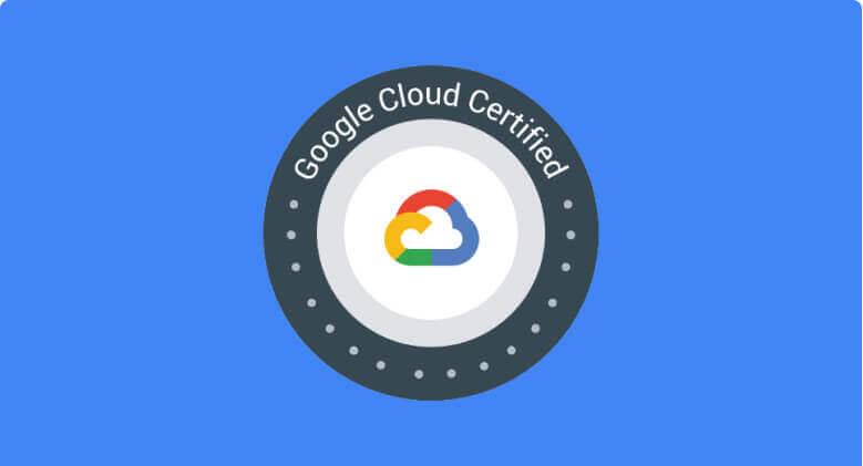 Ilustracja pieczęci z napisem „Certyfikat Google Cloud” z logo Google Cloud pośrodku.