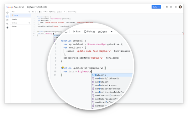 Apps Script and BigQuery pre-integration available in Google Sheets