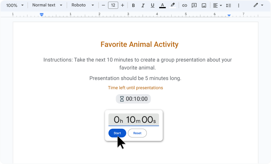 A Google Doc presenting an in-class activity