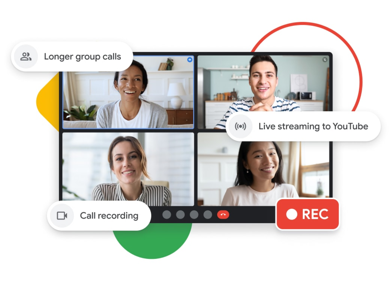 رسم توضيحي لمكالمة في Google Meet مع ميزات المكالمات الجماعية الأطول والبث المباشر على YouTube وتسجيل المكالمات