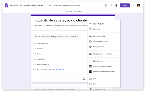 Inquérito a ser criado com o Google Forms.