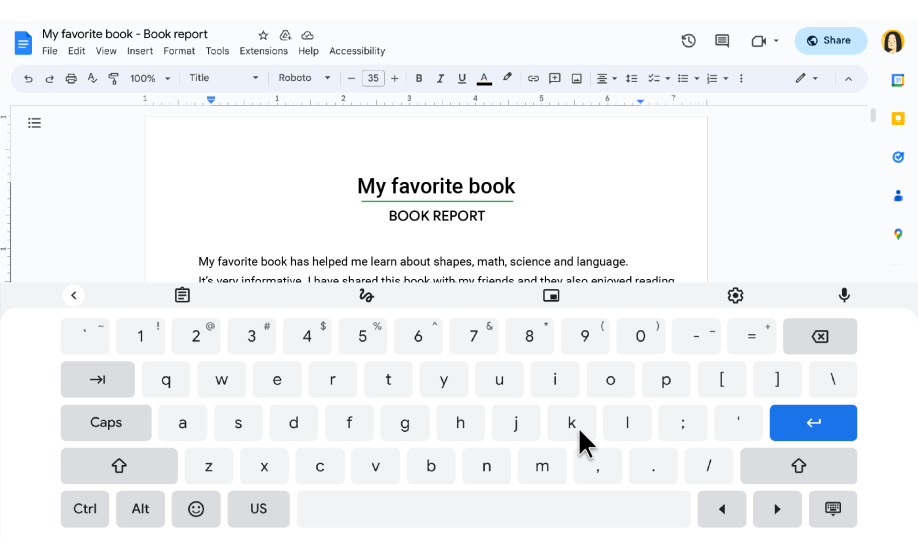 An on-screen keyboard appears on the bottom of the screen while a user edits a Google Doc.