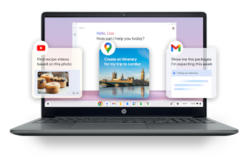 Appareil Chromebook Plus avec Gemini ouvert ; les options des fonctionnalités d'IA pour les images, les itinéraires de voyage et une version concise de la génération dans Gmail sont également visibles