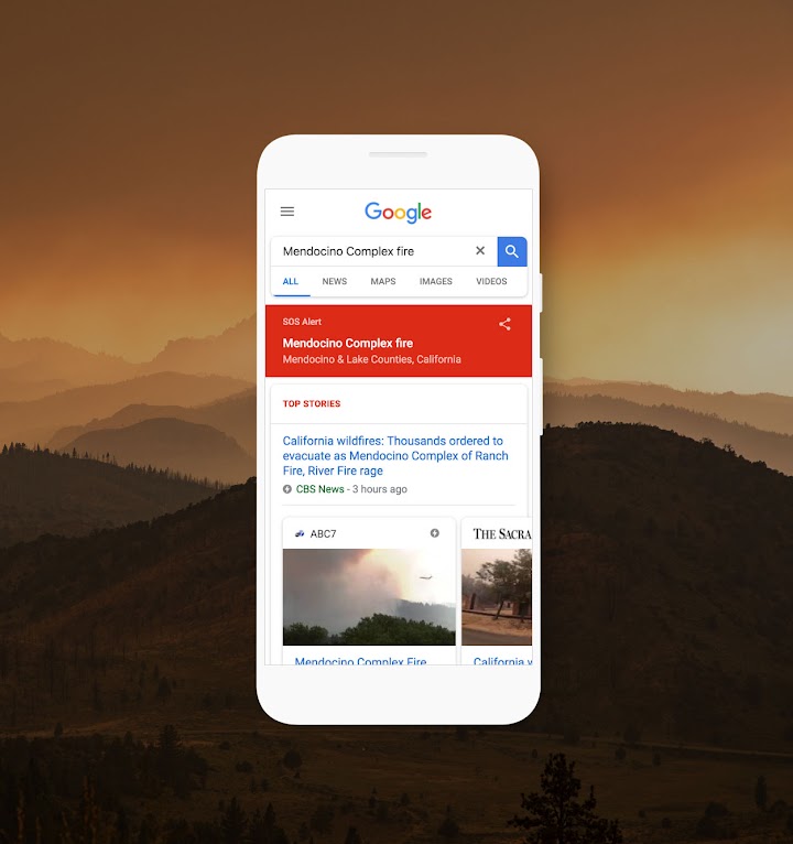 Téléphone avec la fonctionnalité Alertes SOS qui affiche des informations sur les feux de forêt