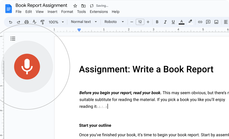 A user is editing a Google Doc book report using the dictation feature to add text.