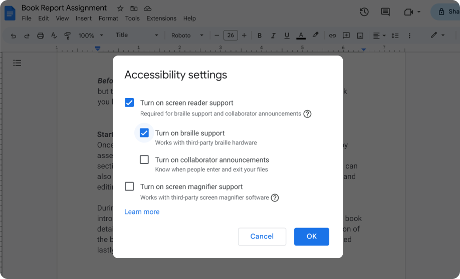 Le impostazioni di accessibilità di Documenti Google mostrano che un utente ha attivato il supporto per gli screen reader e i lettori braille.