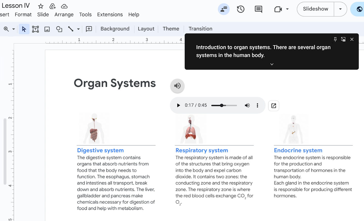 Les sous-titres instantanés sont affichés en haut à droite de l'écran pendant une présentation Google Slides.