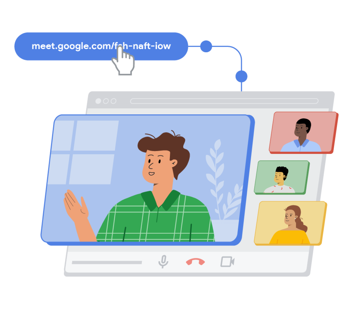 Google Meet ‑puhelulinkkiä esittävän sinisen ellipsin vieressä on kolmiulotteinen selainikkuna, jossa Google Meet ‑puheluun osallistuvat henkilöt näkyvät piirroshahmoina sinisen, punaisen, vihreän ja keltaisen suorakulmion sisällä.