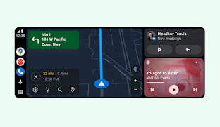 The new Android Auto design on a widescreen, with maps, media and notifications all on one screen.