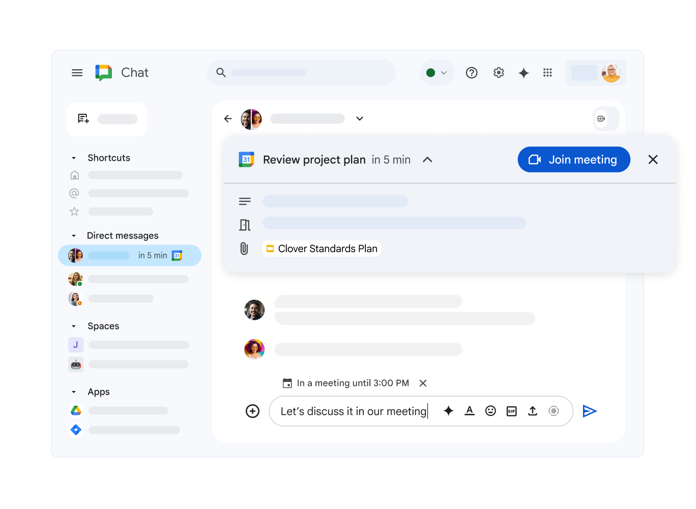 Yaklaşan bir Google Takvim toplantısının ve toplantıya katılım bağlantısının gösterildiği Google Chat arayüzü