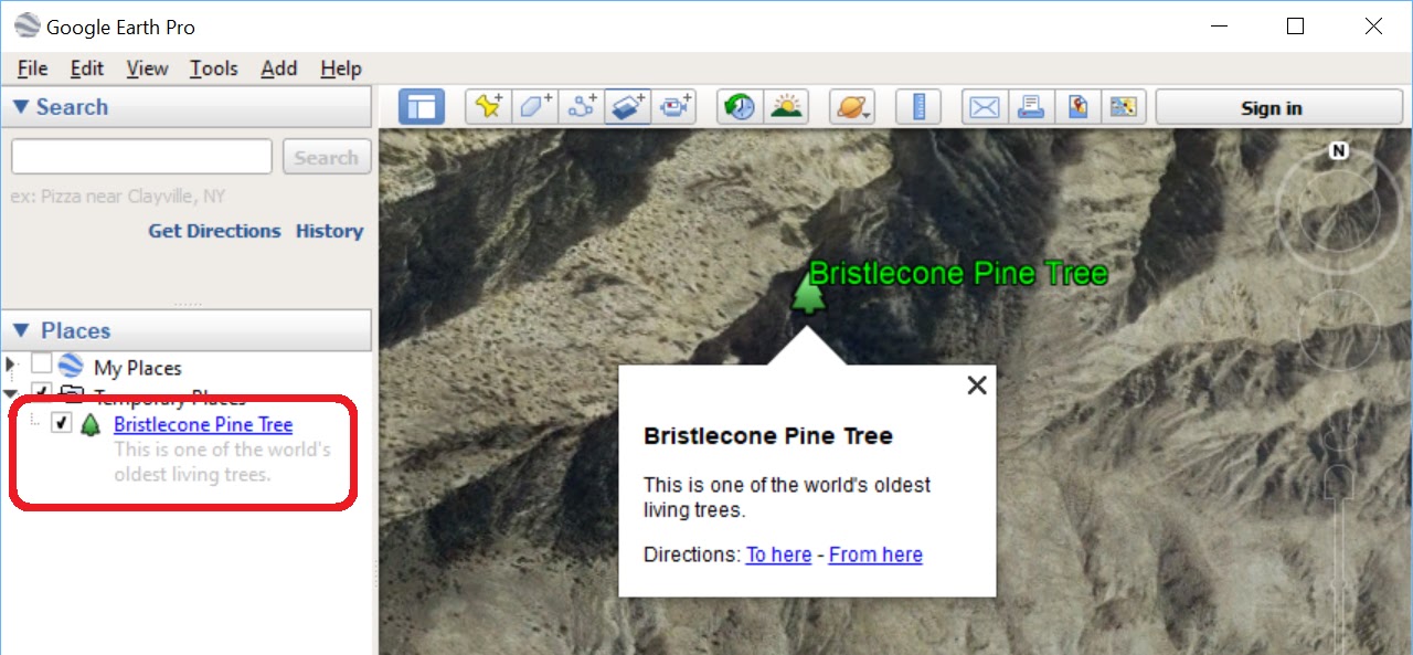 Screenshot of the completed Placemark on the map.