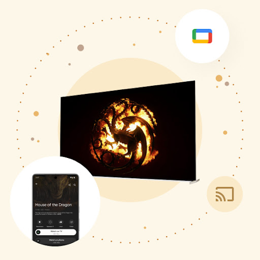 The House of the Dragon-logotypen visas på en stor Android TV-skärm. Runt skärmen cirklar en bubbla med en Android-telefon. På telefonen visas styrningsinformation för Android TV och knappen Titta på tv:n är markerad.