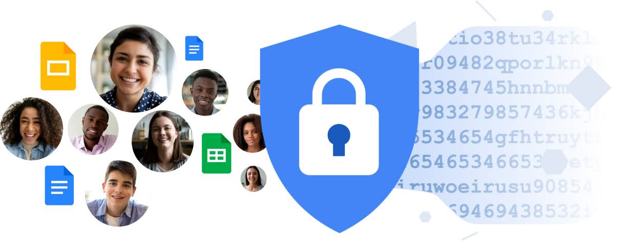 'n Slot in 'n blou skild. Daar is tien sirkels links van die skild met 'n tekenprentmens in elk, met tussenin die ikone vir Google Dokumente, Skyfies en Blaaie. Regs van die skild is 'n stroom met lukrake letters en syfers wat data-enkripsie verteenwoordig.