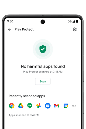 Het scherm van een Android-telefoon met daarop Google Play Protect geopend. Een groen schild met een vinkje licht op met het bericht 'Geen schadelijke apps gevonden' om de gebruiker te laten weten dat de telefoon beveiligd is.