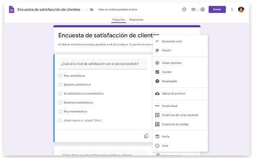 Interfaz de Formularios de Google donde se está creando una encuesta.