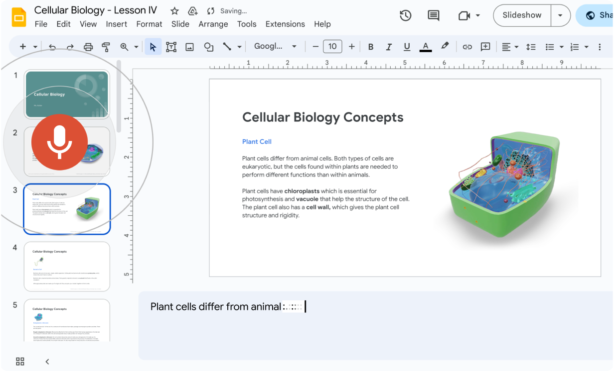 Google's voice dictation feature is being used to add the speaker notes of a Google Slides presentation