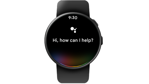 Wear OS スマートウォッチで、ルーティンを開始するために Google アシスタントに「OK Google, 出勤する」と言うと、スマートウォッチに天気やその日の予定のほか、スマートフォンで音楽を再生することを示すメッセージが表示される。