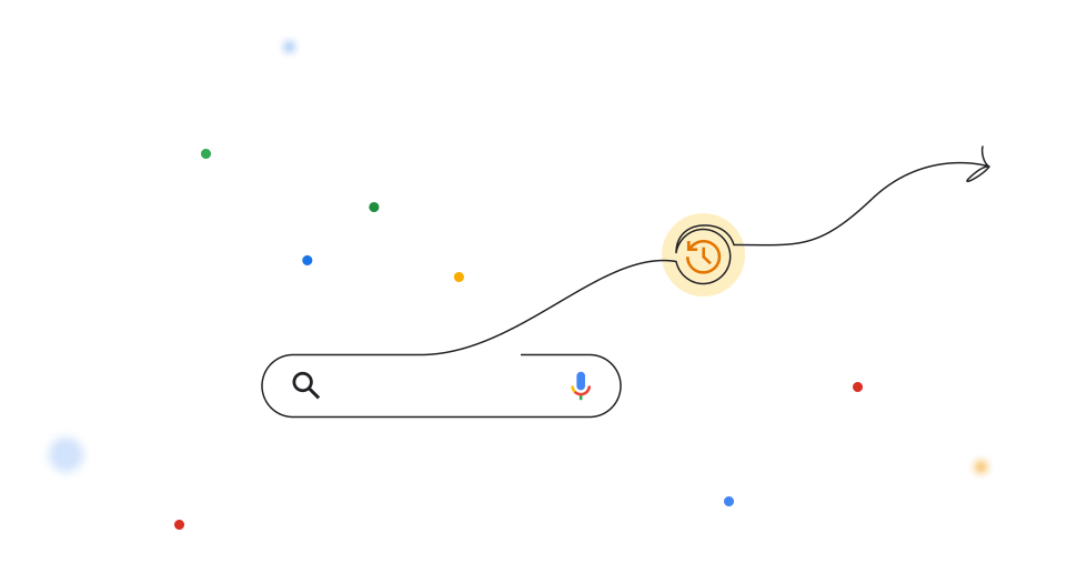 A Google search bar with an abstract arrow representing time