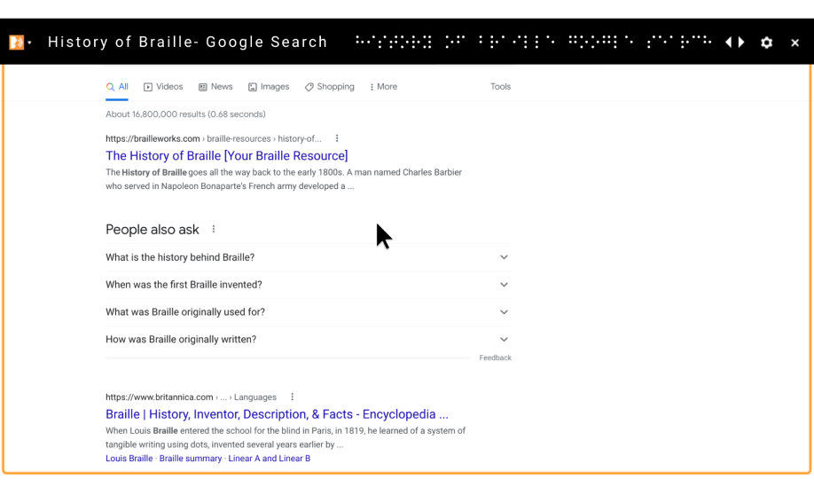 점자 시스템의 역사에 대한 Google 검색 결과를 번역한 스크린 리더