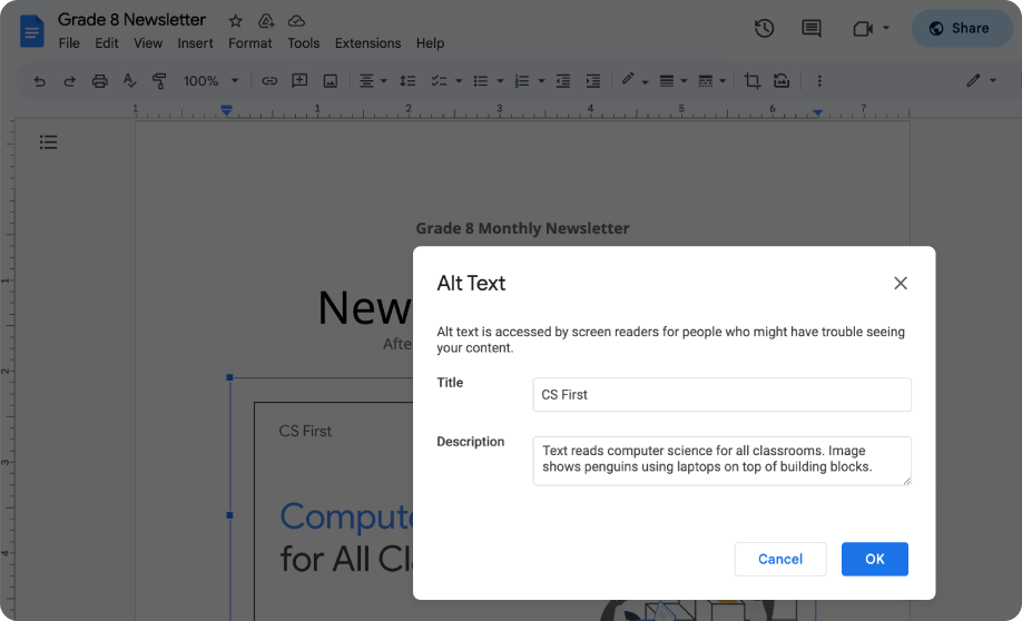 Un utilisateur saisit un texte alternatif pour une image dans Google Docs.