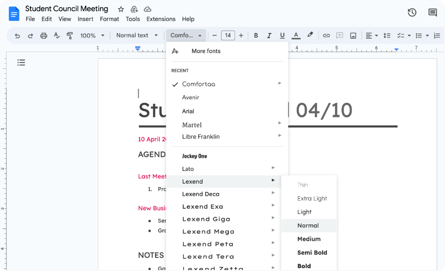 A user is changing the font in a Google Doc to Lexend.