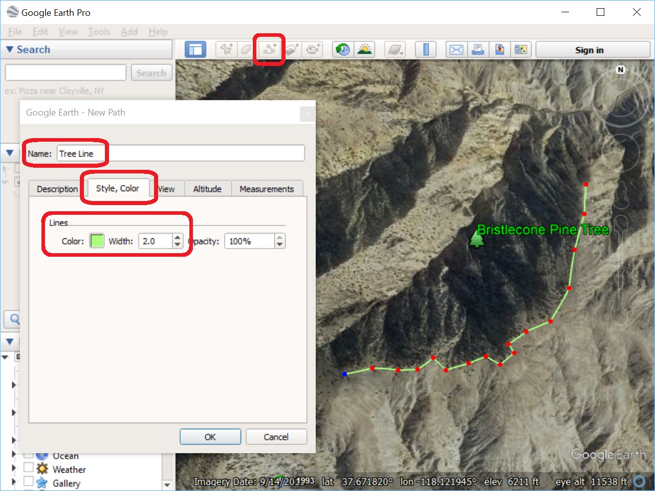 Screenshot of creating and styling a line or path.