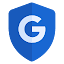 Blauw veiligheidsschild met spitse punt en het G-logo van Google in het midden