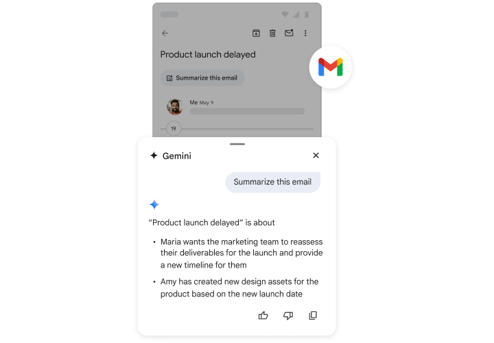 Gemini auttaa käyttäjää tekemään yhteenvedon sähköpostista.