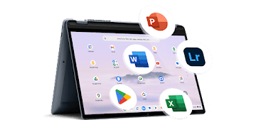 Chromebook ouvert avec les icônes Word, PowerPoint, Excel, Lightroom et Google Play agrandies.