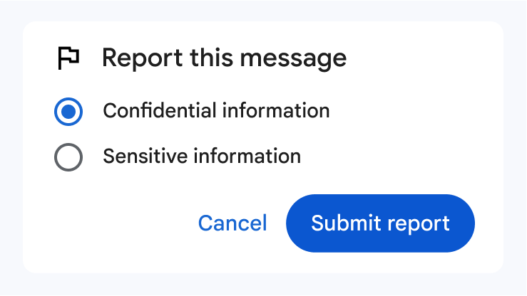Uma caixa de diálogo para denunciar conteúdo com informações sensíveis ou confidenciais.