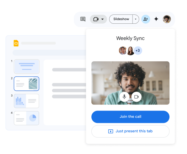 チームメンバーが Google スライドのプレゼンテーションから週次のビデオ会議に参加している。
