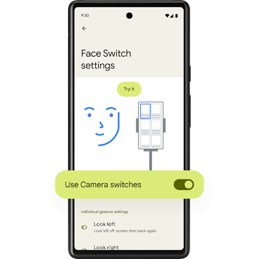 Ein Android-Smartphone mit den Face Switch-Einstellungen oben auf dem Display. Neben der schematischen Darstellung eines Android-Smartphones, auf dem sechs kleine Quadrate angeordnet sind, befindet sich die Strichzeichnung eines Gesichts. Auf einem grünen Pop-out-Banner steht neben einem Schieberegler der Text „Kameraschalter verwenden“.