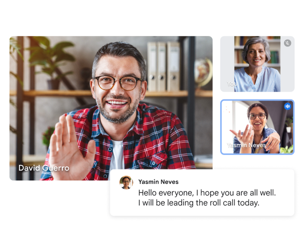 Видеовстреча Google Meet с тремя участниками и расшифровка речи одного из них: "Привет! Рад вас видеть. Давайте проведем перекличку". 
