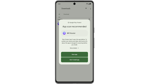 På en Android-telefon skannar Google Play Protect en app och avgör om den är skadlig och blockerar den.