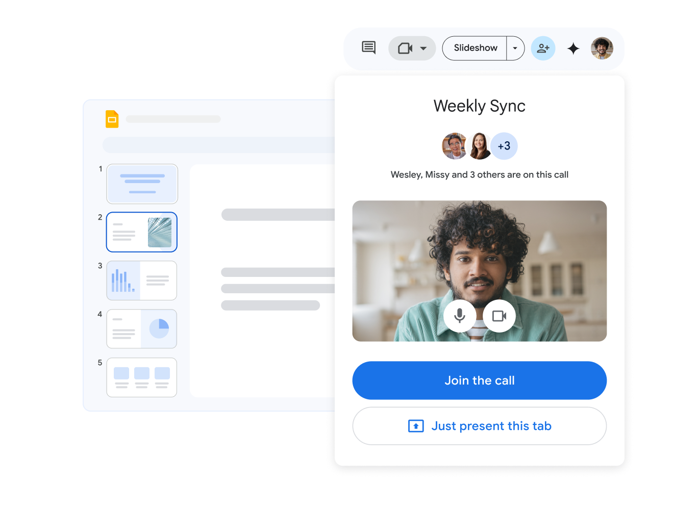 Un collaborateur rejoint un appel vidéo hebdomadaire avec son équipe à partir d'une présentation Google Slides. 
