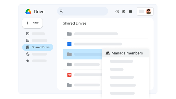 "Manage members" (Üyeleri yönet) seçimi yapılmış, ortak Drive'daki bir dosyanın gösterildiği Google Drive kullanıcı arayüzü. 