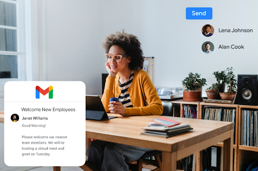 Une femme lisant un e-mail intitulé "Bienvenue aux nouveaux employés" dans Gmail sur sa tablette