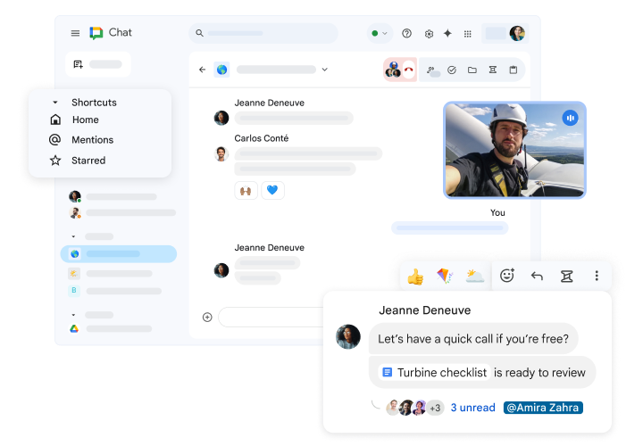 Une page Google Chat montrant des raccourcis, un appel vidéo en cours, ainsi qu'une conversation avec un lien vers un document Google Docs, les réactions disponibles et les réponses