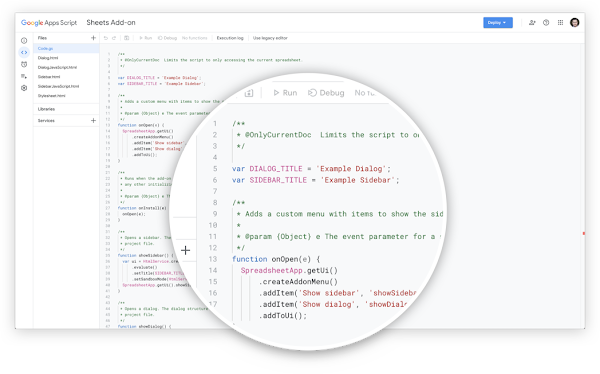 Apps Script UI open to the Sheets Add-on showing a code block