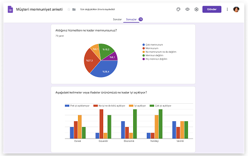 Google Formlar'da veri toplama ve yanıtlar kullanıcı arayüzü.