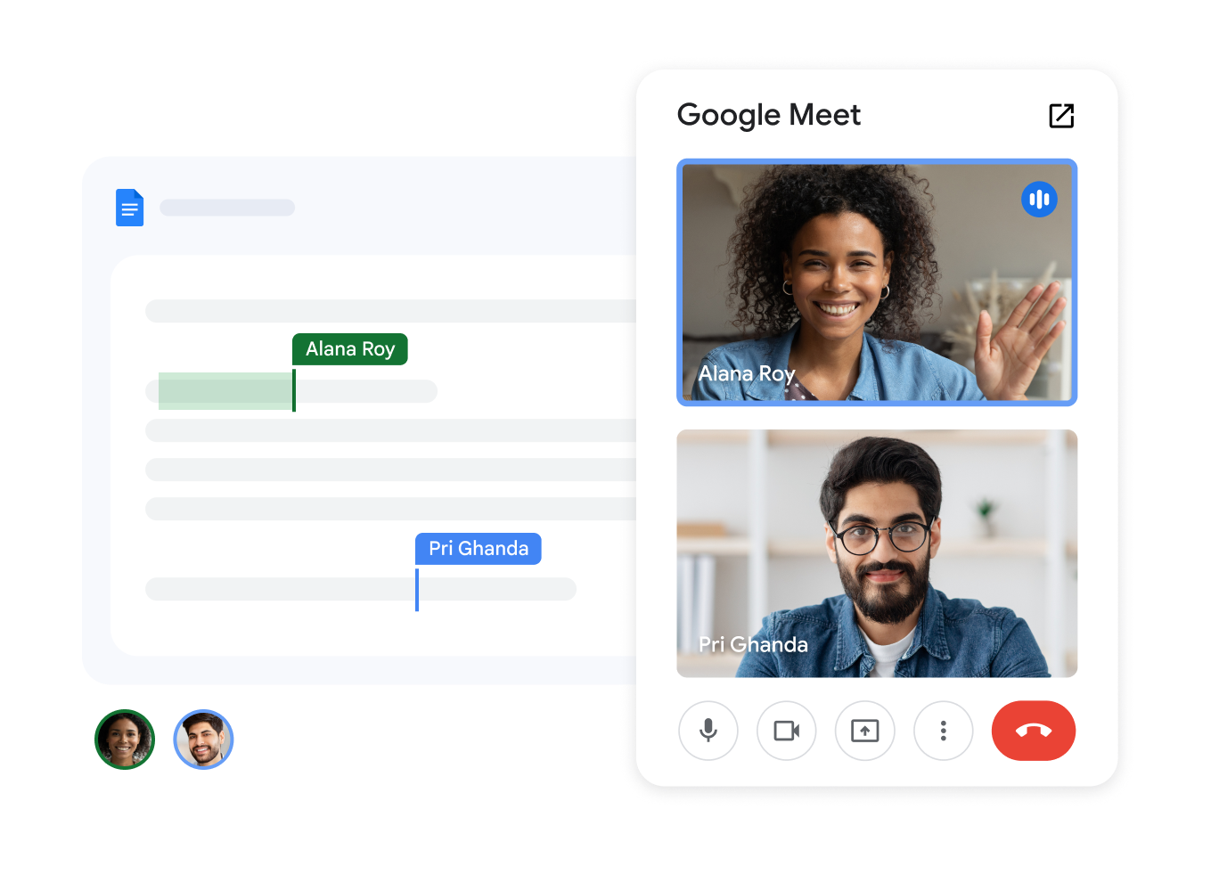 Two team members on a Meet call from Docs